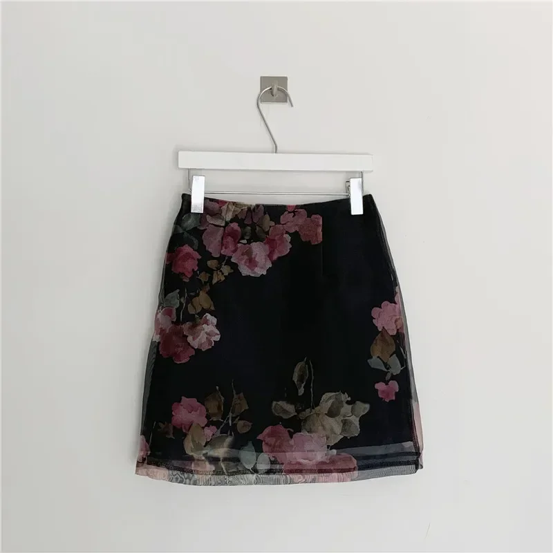 Conjuntos elegantes de 2 piezas para mujer, camisa transparente de manga larga y falda con estampado Floral de cintura alta, color negro y rosa, trajes OL de 2 piezas