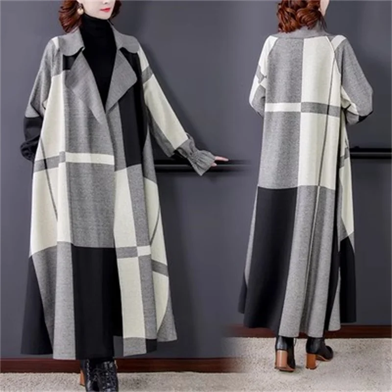 2024 Spring Autumn New Fashion Windbreaker Long Elegant Loose Plaid Over Knee Long Coat Trench Coat Women's And Slim Skin Coats