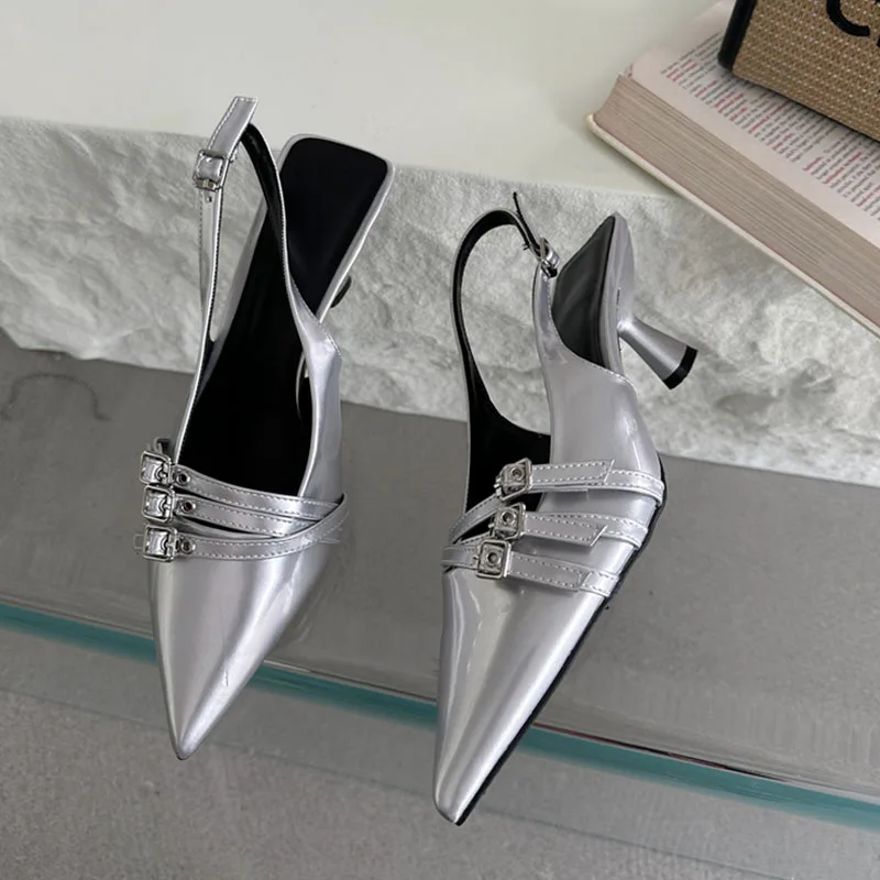 Big Size Female Pointed Toe Footwear Red Pumps Medium Heels Shoes For Women New In 2024 Fashion Metal Buckle Ladies Heels Shoes