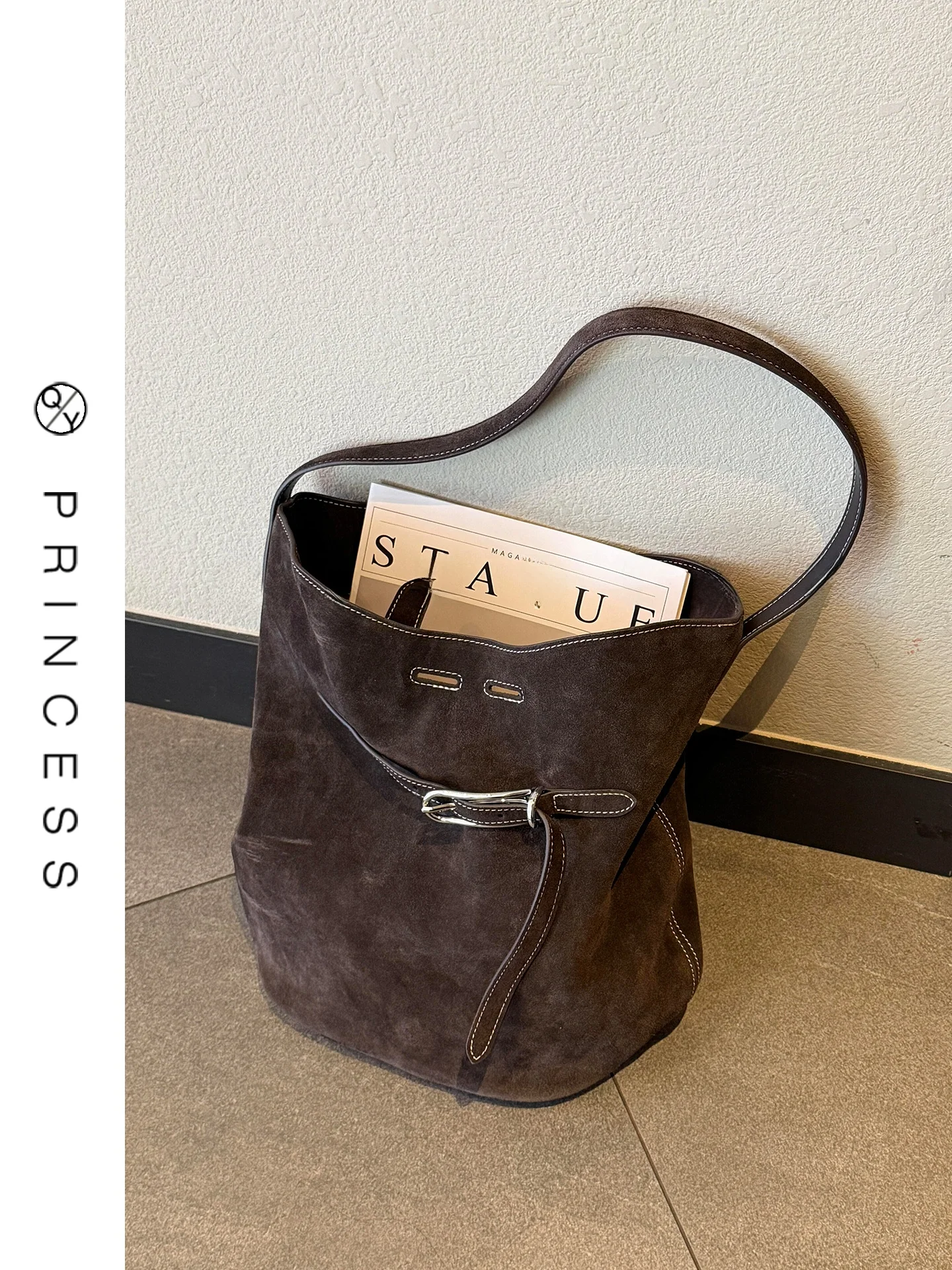 

Ретро-минималистичная замшевая сумка-ведро для женщин, вместительная сумка-тоут для поездок на работу, мягкая сумка на молнии, повседневная однотонная модель