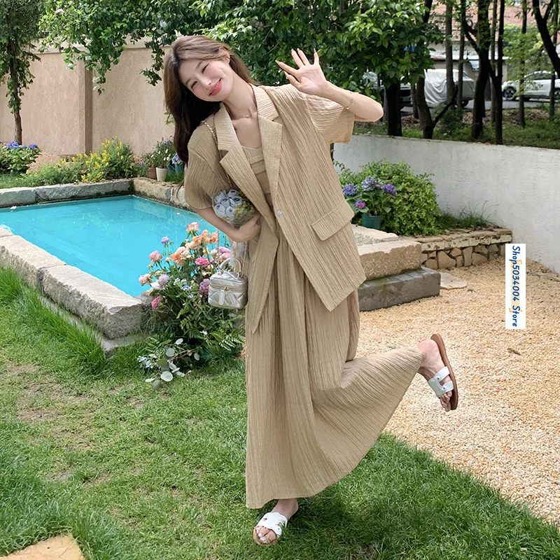 Khaki Sling Dress and Blazer Coat Two Piece Sets Women Outfits 2024 Summer Short Sleeve Loose Elegant Korean Style Suits 1108