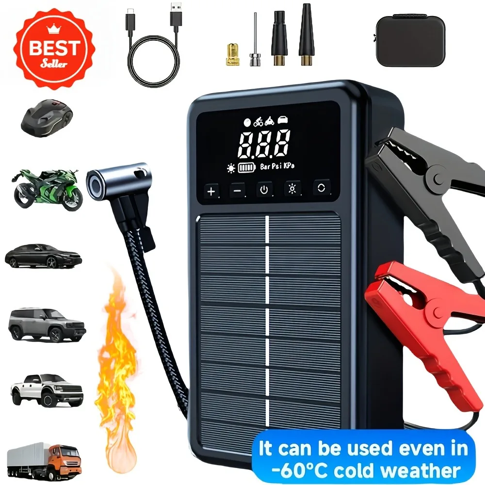 

Jump Starter with Air Compressor with Solar Panel 12V 7.0L Gas/5.5L Diesel Car Battery Starter Digital Tire Inflator (HZ-S4)