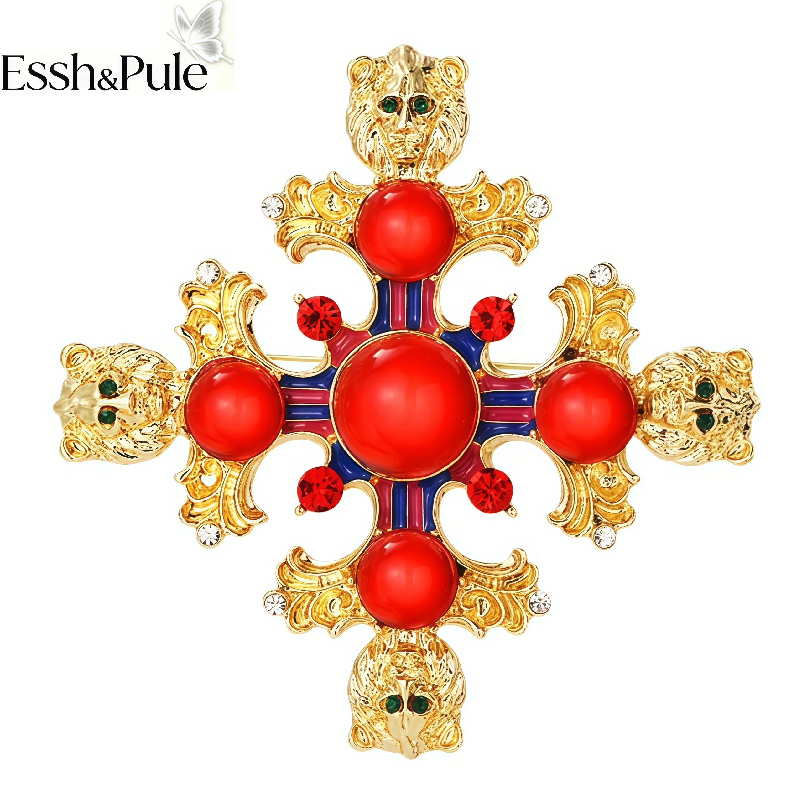Essh&Pule Vintage Maltese Cross Statement Brooch Multicolor Gem Ornate Filigree Lapel Pin Retro Women Coat Fashion Jewelry Gift