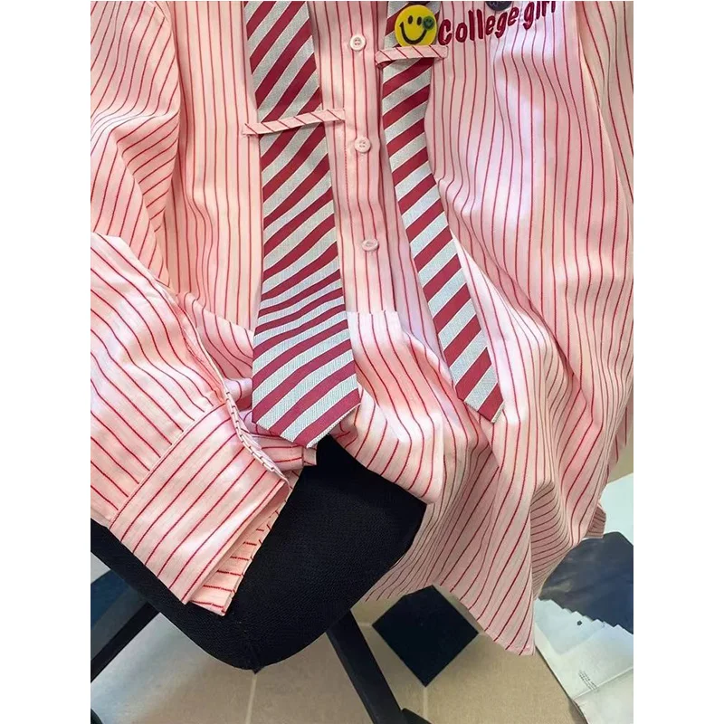 Korean Sweet Embroidered Turn-down Collar Long Sleeve Blouse Autumn Women Clothes All-match Striped Buttons Cardigan Shirts