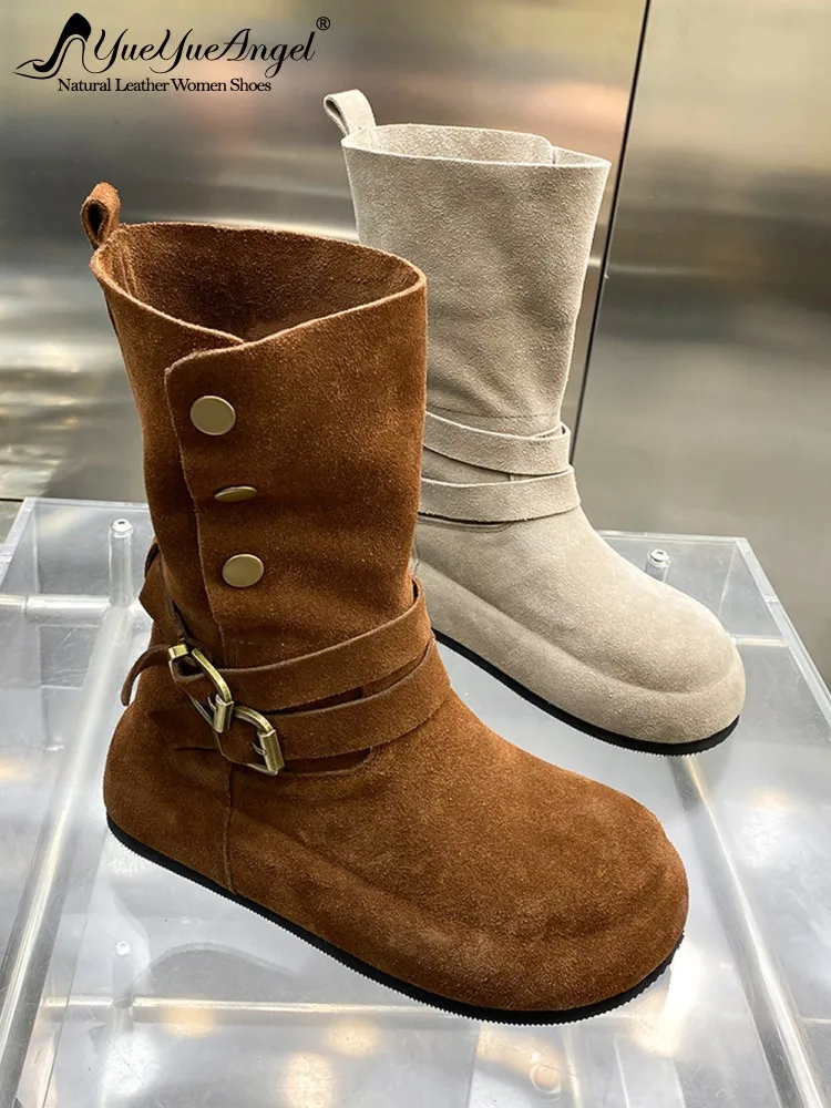 Autumn Vintage Women High Top Mid Calf Boots Buttons Buckle Strap Thick Platform Real Cow Suede Leather Shoes Winter Work Boots