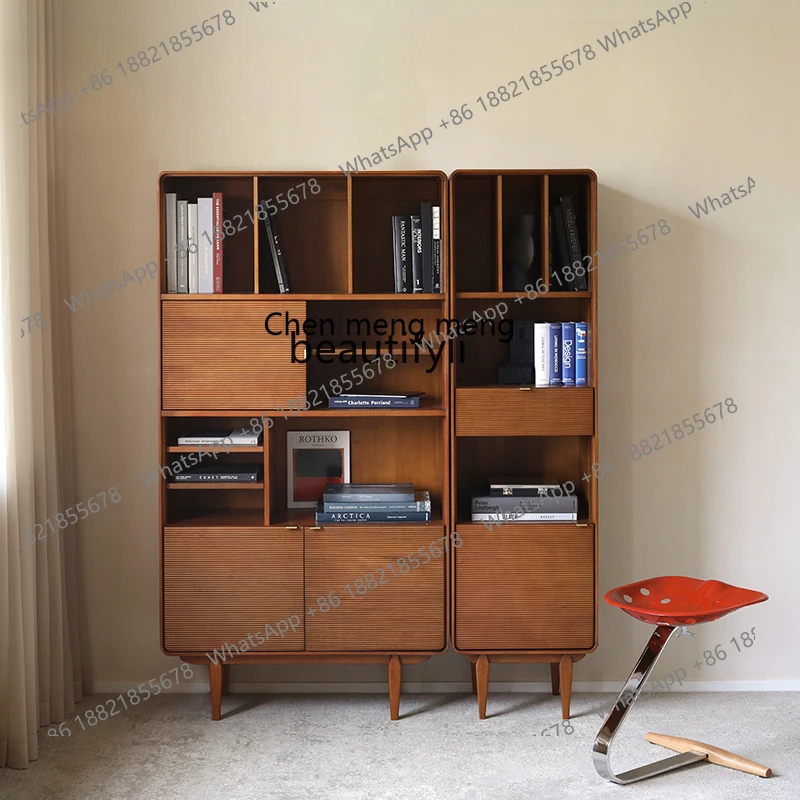 Modern Minimalist Designer Model Nordic Retro Style Carved Solid Wood Living Room Showcase Bookcase