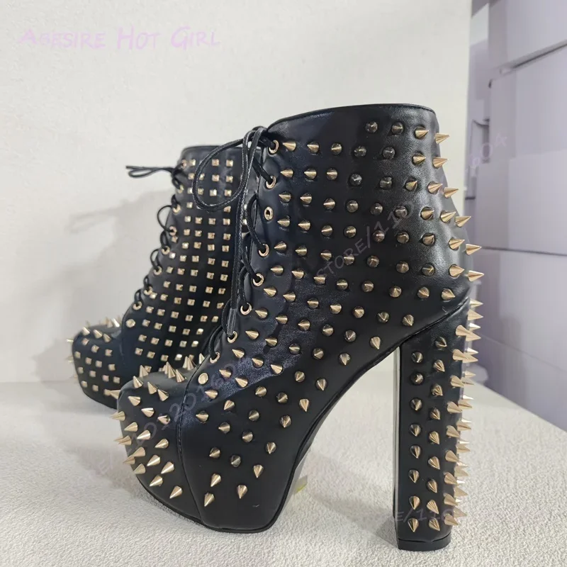 Full Gold Small Rivet Ankle Booties Black Matte Leather Round Pink Block Heel Metal Design Low Platform Boots Summer Girls Shoes