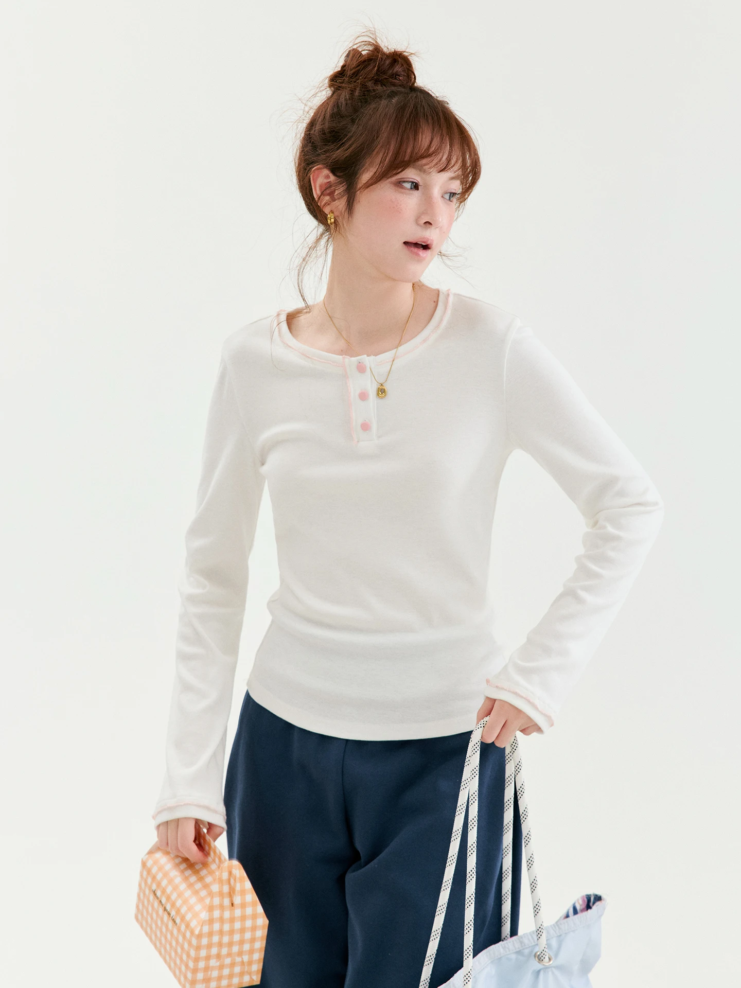 Slimming Effect Long Sleeve round Neck Commute Ready Women's T-shirt Original Color Block Design Autumn New Style Versatile Top