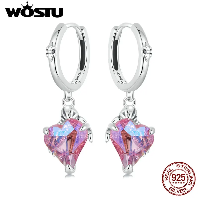 WOSTU 925 Sterling Silver Big Pink Heart Drop Dangle Wedding Earrings For Women Rainbow CZ Skull Hands Ear Buckles Punk Gift