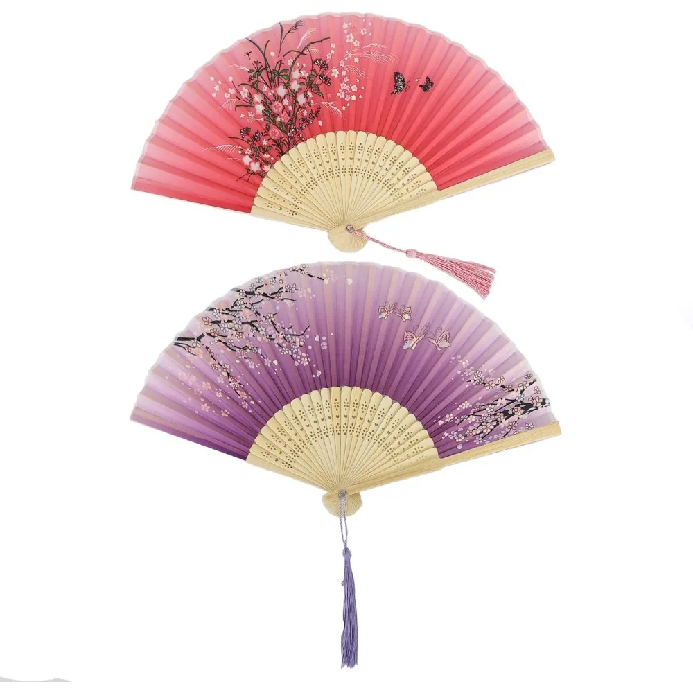

Two Handheld Folding Fans Bamboo Frame Vintage Style for Dance Cosplay Wedding Party Decor