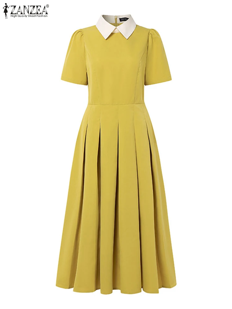 Elegante Büro Plissee Kleider ZANZEA Frauen Revers Hals Kurzarm Arbeit Sommerkleid 2025, Sommer Kleid Stilvolle Solide Midi Vestidos