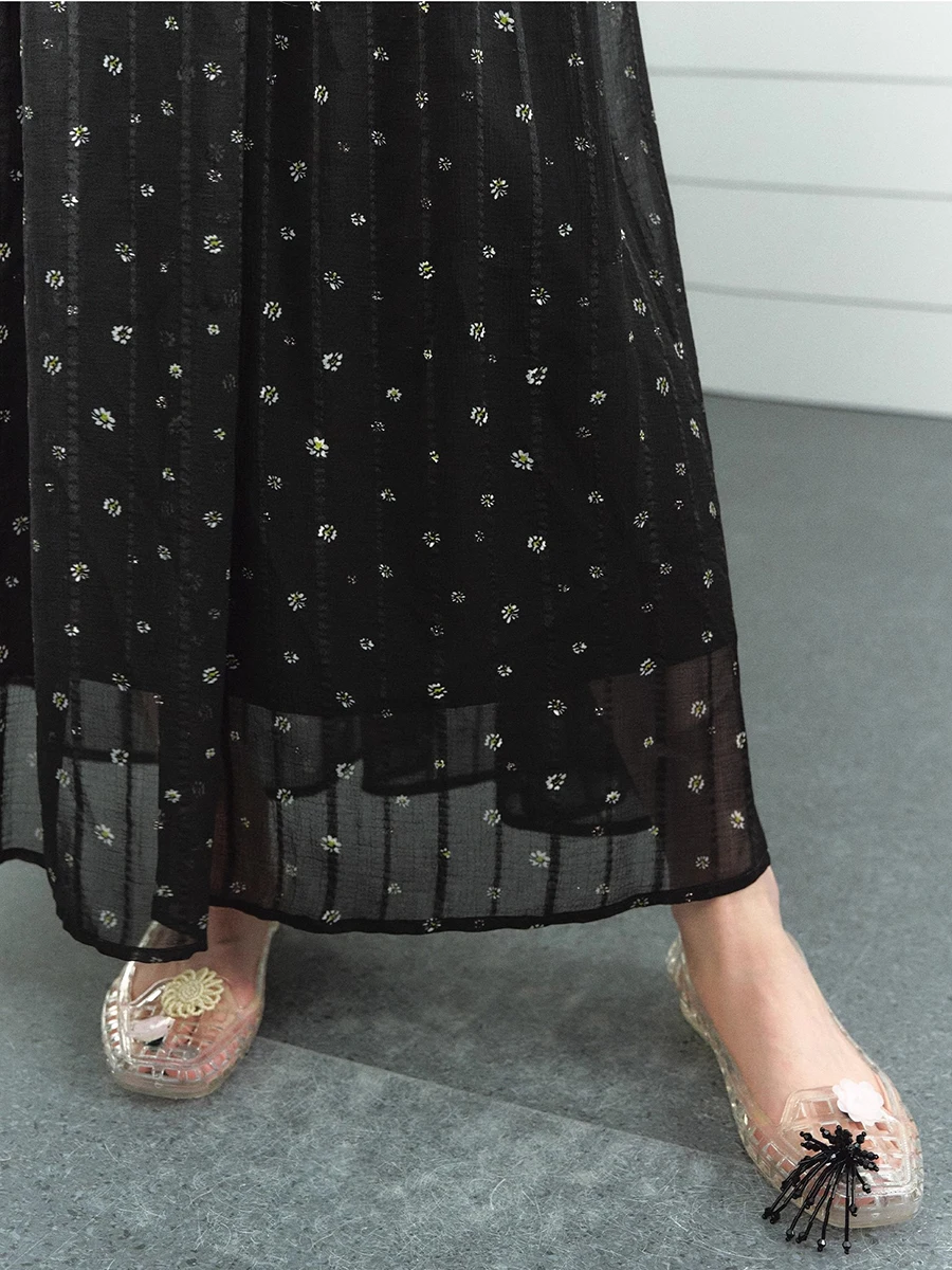 REDDACHiC Women Tie Up Camisole Dress Black Floral Elastic Waist Shirring Midi Long Flowy Dress Korea Sweet Summer Everyday Wear