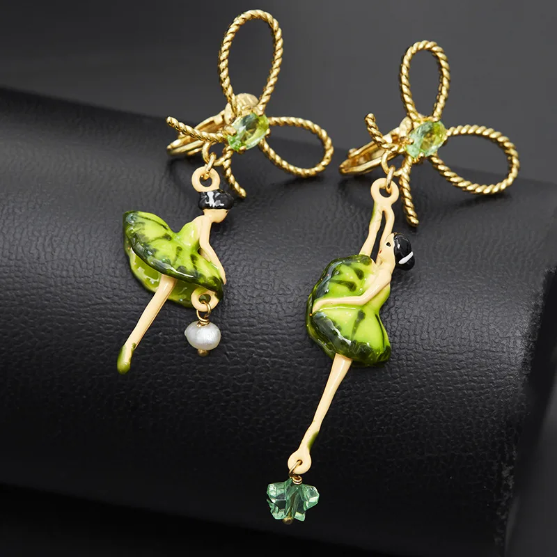 New Romantic French Sweet Fashion Color Glaze Bow Green Ballet Dance Girl Ear Clip High Sense Jewelry Niche Design Natural Pearl