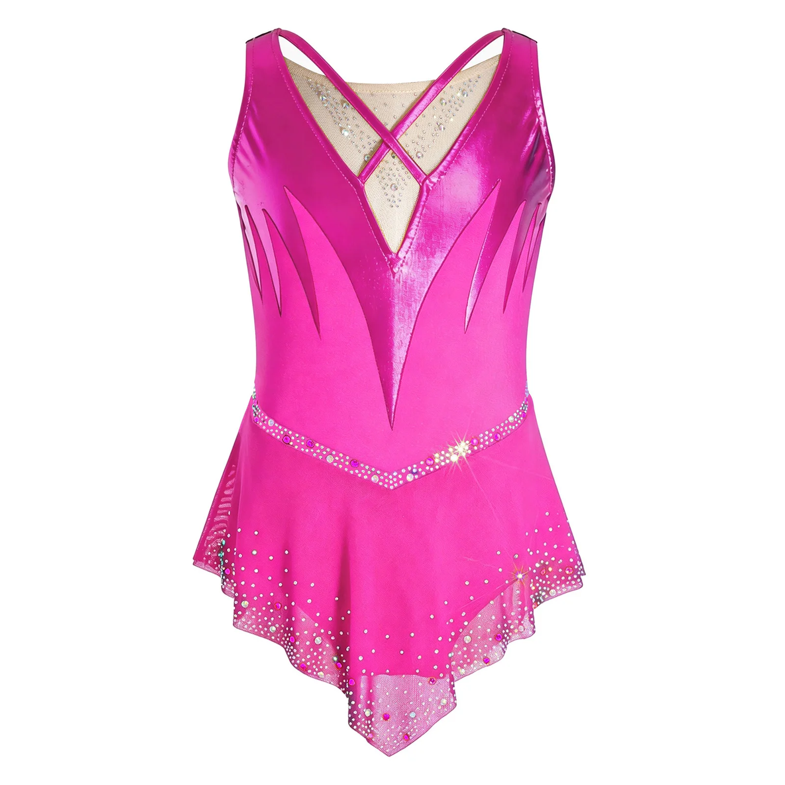 

Kids Girls Figure Skating Lyrical Ballet Gymnastic Performance Costume Sleeveless Shiny Rhinestones Tutu Mesh Leotard Dress