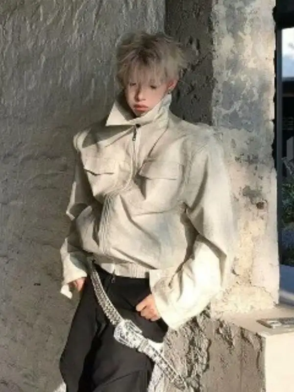 

Мужская кожаная куртка с эффектом тай-дай, белая, с подплечниками, в уличном стиле, модная, осенняя, в стиле Mountain Wind, с легким утеплением