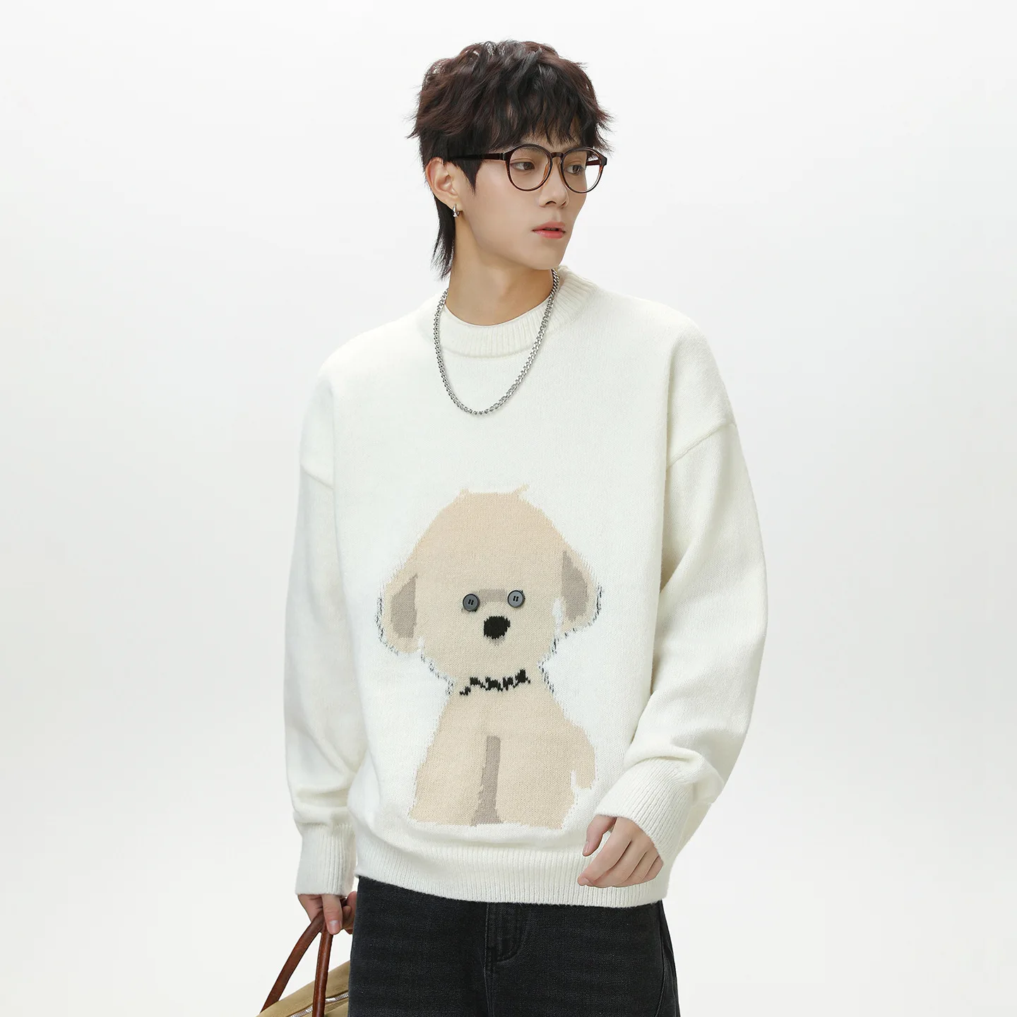 High Quality Cartoon Dog Print Knitted Sweater Men Crew Neck Winter Warm Soft Casual Loose Streetwear Oversize Pullover Men
