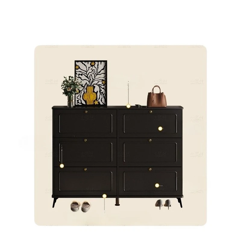 Ultra-thin black solid wood shoe cabinet, outer corridor entrance, indoor extremely narrow tipping bucket home storage