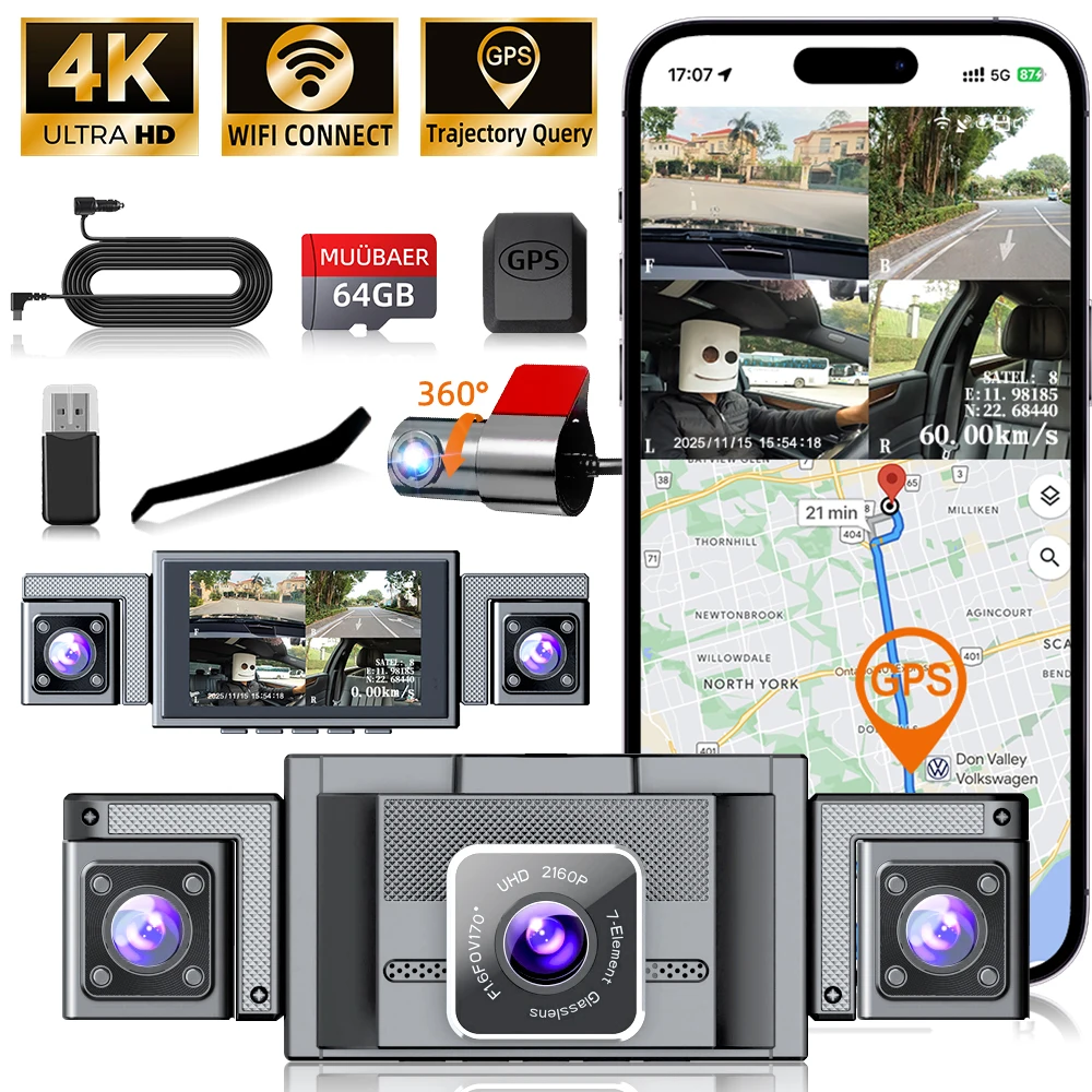 4 Channel Dash Cam 360 View for All-Round Protection, 4-Way Front Rear Inside Recording, Built-in 5G WiFi & External GPS, APP Control, 8 IR Night Vision, 24H Parking Monitor, G-Sensor, Free 64G TF Card