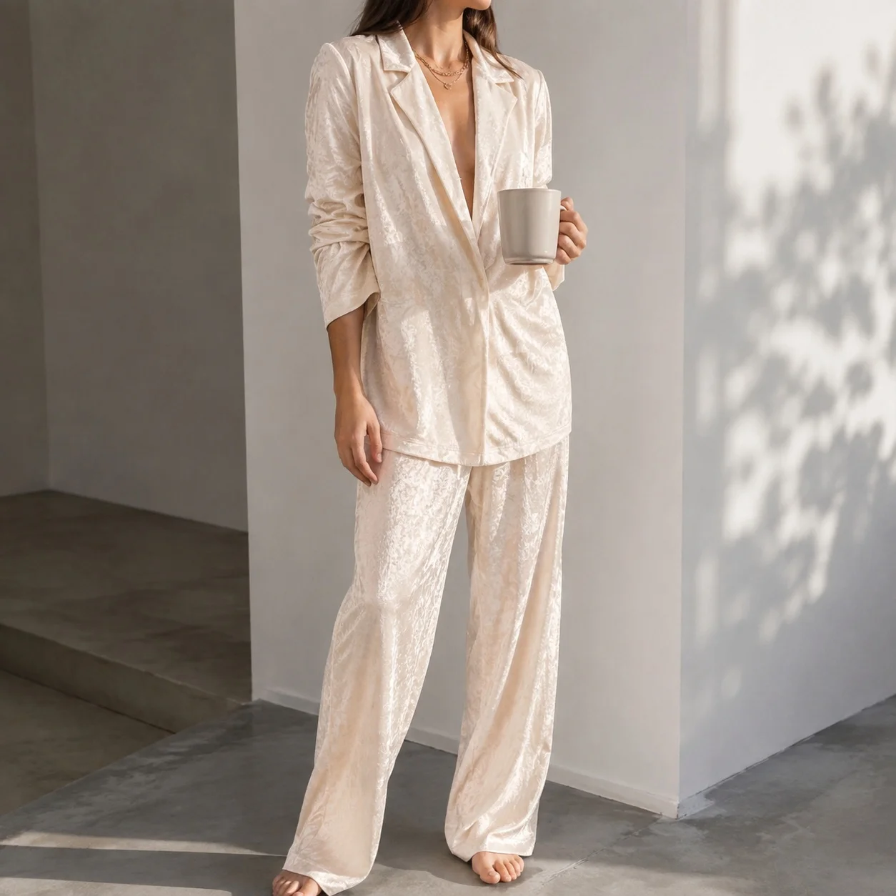 Long Pants Long Sleeve Set Full Length European and American Style with Notched Lapel Spring Summer Outdoor Loungewear for Women