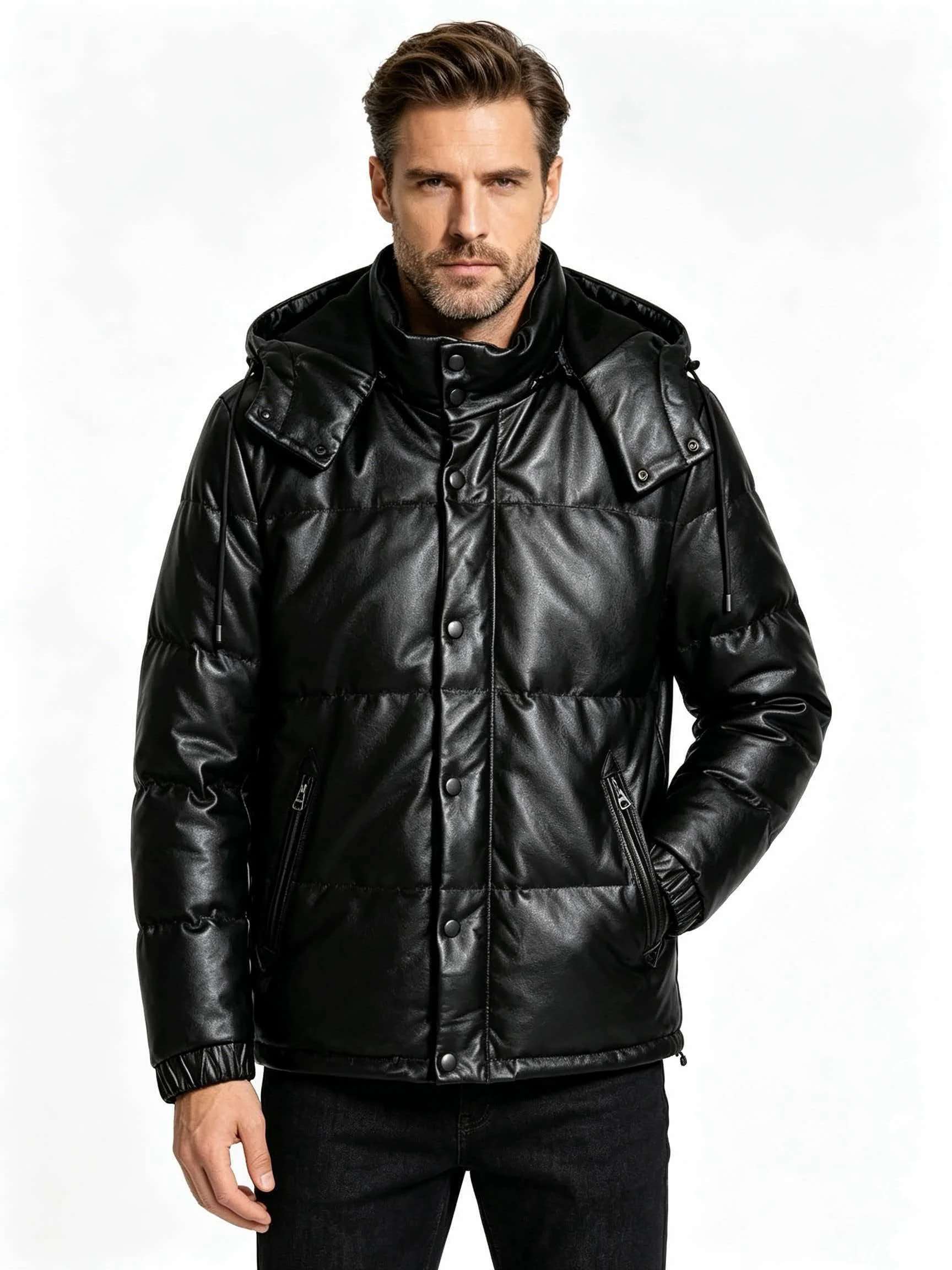 Black Winter Hooded Leather Jacket Men Retro Style Plus Size Genuine Natural Cowhide Turn-Down Collar Thick Warm Down Coat