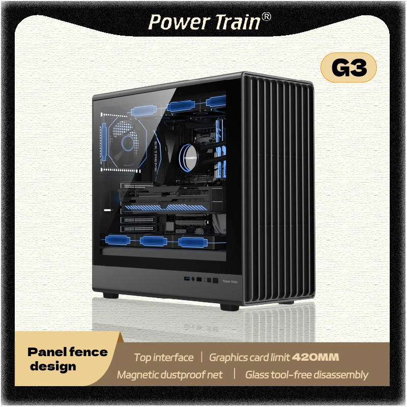 Power train Zhenjie G3 Custodia per PC USB3.0 desktop M-ATX ITX ATX supporto laterale in vetro trasparente Custodia per computer raffreddata ad acqua da 360 mm
