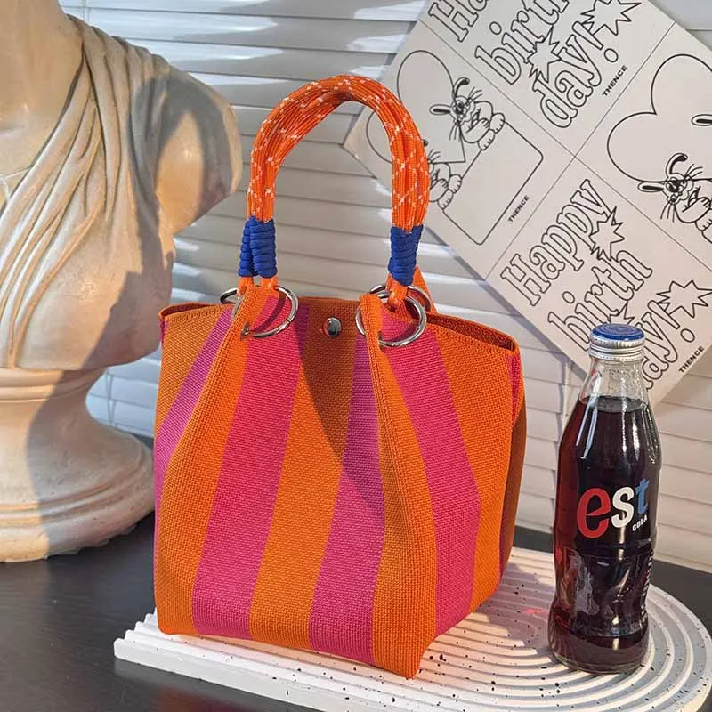 Metal Ring Handbag Fashionable Women'S Bucket Bag Knit Tote Bag Spacious Color Block Handbag For Leisure Travel Daily Commuting image 5