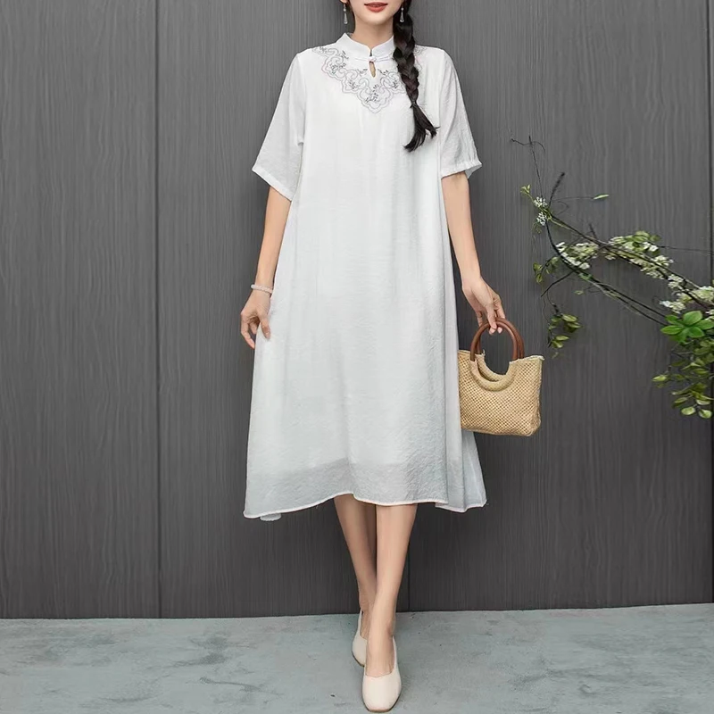 New Chinese Style Stand Collar Cotton Linen Printed Dress 2024 Summer Oversized Casual Loose Short Sleeved Long Dress X1117