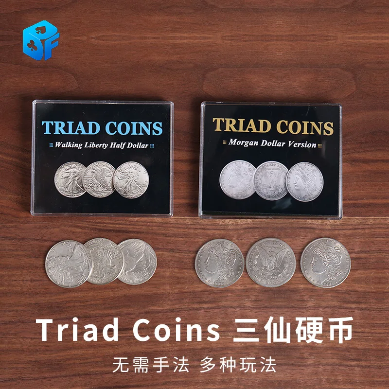 Triad Coins (Walking Liberty Half Dollar Gimmick or Morgan Gimmick) Magic Trick Produce Vanish Change Three Coin Magia