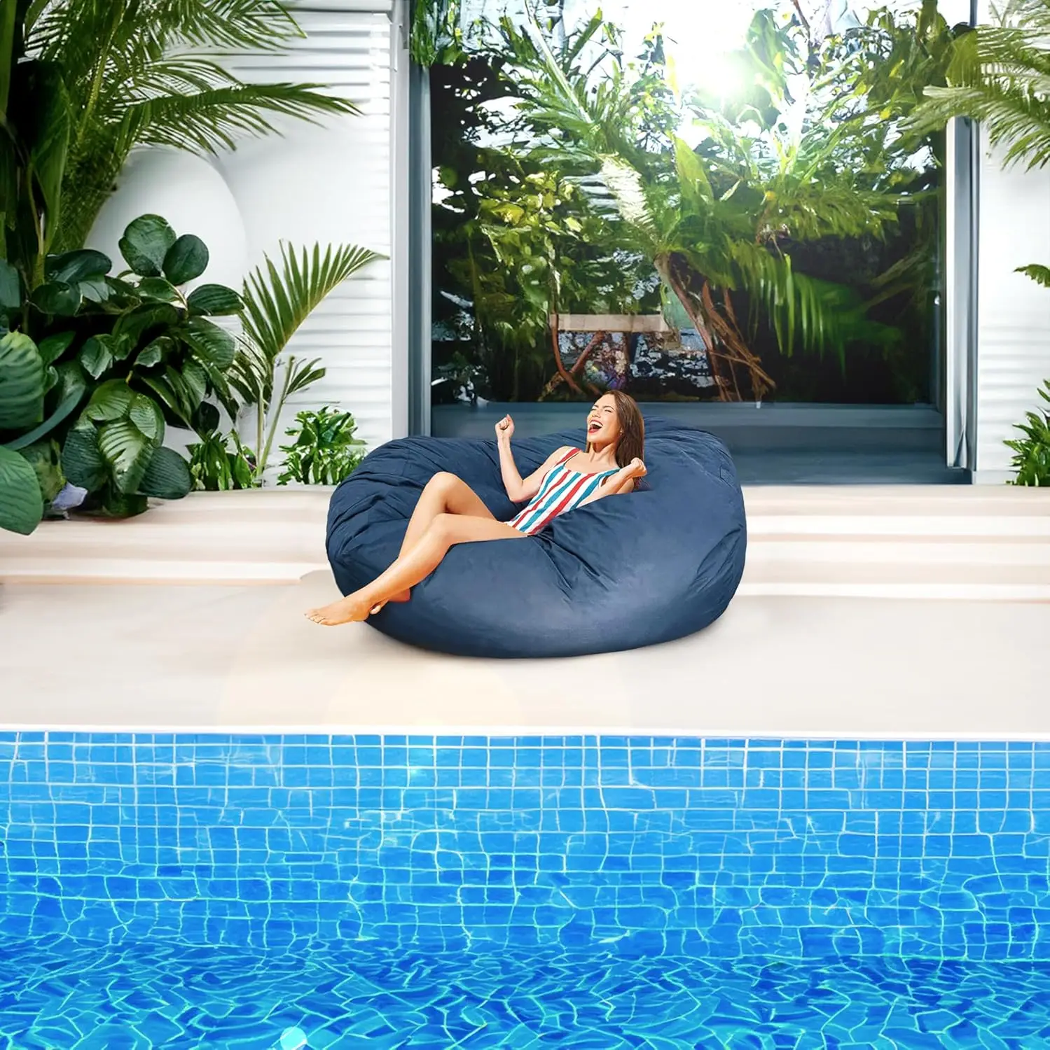 Outdoor/Indoor Bean Bag 7ft Water-Repellent and Fading-Resistant Comfortable Sack Chair for Patio Backyard Frontyard Navy Blue