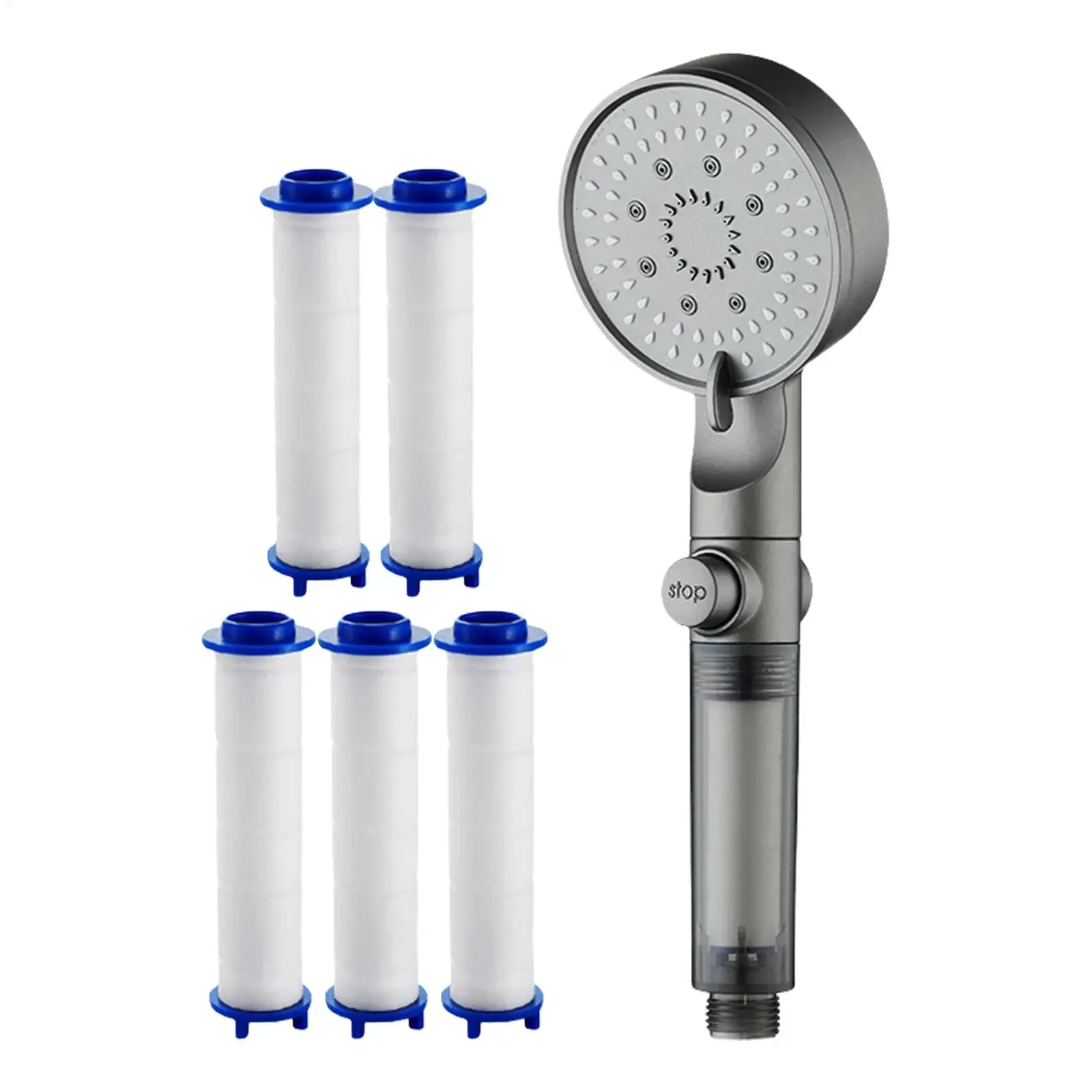 Hochdruck-Handbrause mit 5 Einstellmöglichkeiten und eingebautem Wasserenthärterfilter für hartes Wasser, Badezimmer-Ersatz, inklusive 5 zusätzlichen Filtern.