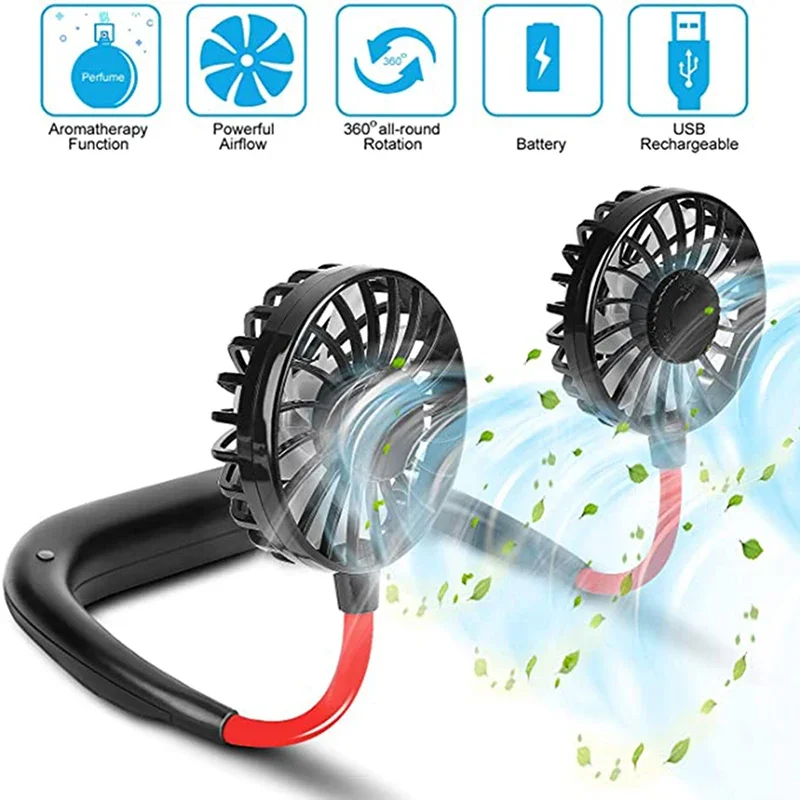 Portable Neck Hanging Fan USB Rechargeable Hands Free Cold Cooler Mini Neck Dual Heads Home Office Outdoor Sports Handheld fans