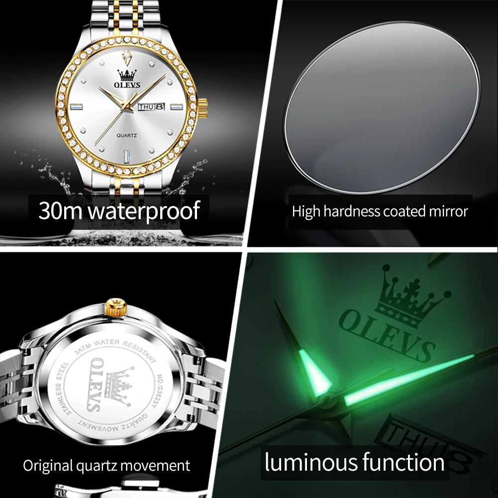 OLevs 3625นาฬิกาผู้ชาย, นาฬิกาควอทซ์สแตนเลสกันน้ำปฏิทินคู่แบรนด์หรูนาฬิกาข้อมือสำหรับผู้ชายของแท้
