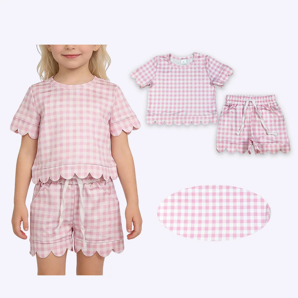 Toddler Sibling Cute Baby Girls Short Sleeve Light Pink Checked Top Shorts Scallop Clothes Kids Pajamas Set Children 2Pcs Sets