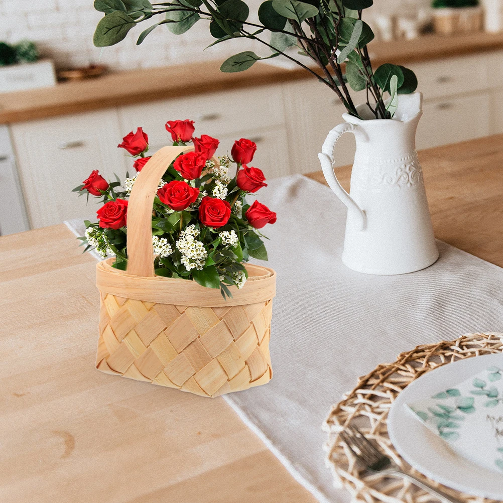 

1pcs Wood Hand-Woven Basket Rustic Wood Chips Basket Wedding Favor Candy Holder Snacks Storage Accessories Handle