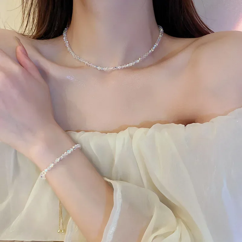 Elegant Fashion Crystal Thin Necklace for Women Rainbow Crystal Bracelet Necklace Wedding Party Jewelry Valentine Day Gift