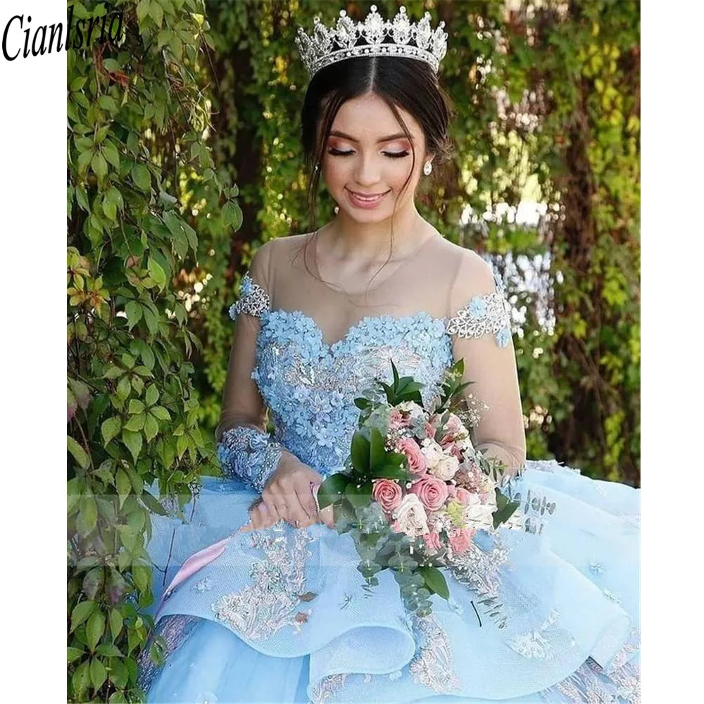 الأميرة الكرة ثوب الدانتيل فساتين Quinceanera السماء الزرقاء 15 الحلو 16 منتفخ ثلاثية الأبعاد الأزهار حجم كبير حفلة موسيقية رداء حفلات Vestidos دي