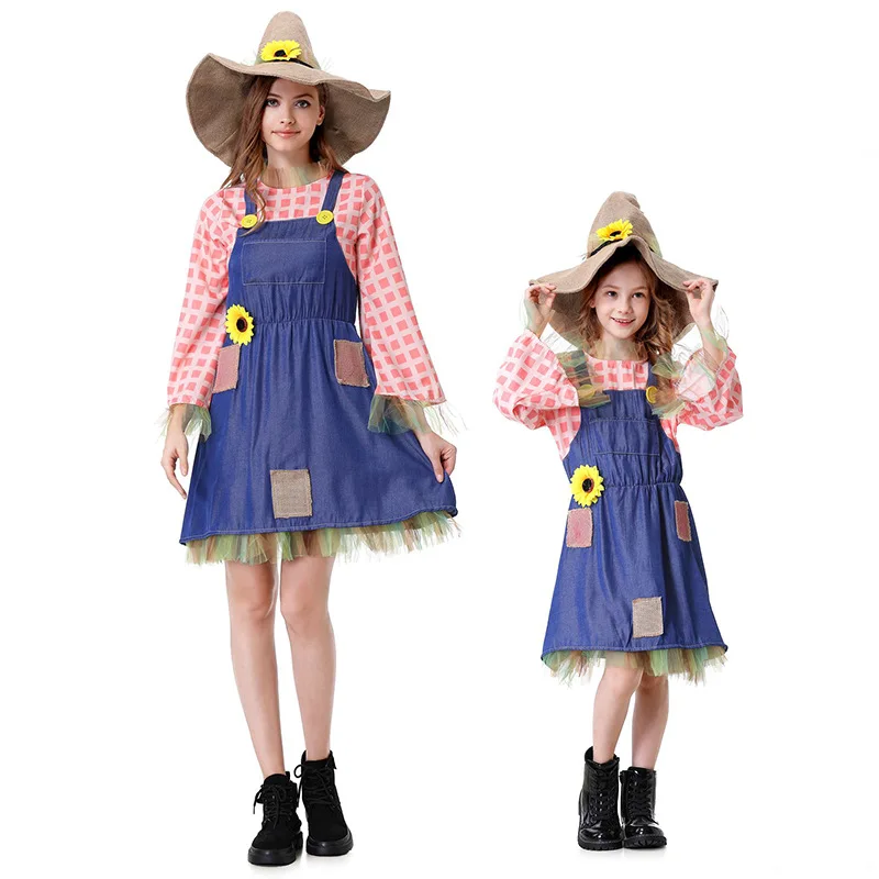 

2025 Halloween Parent Child Scarecrow Costumes Denim Work Clothes Checkered Straw Hats Family Cosplay Theme Party