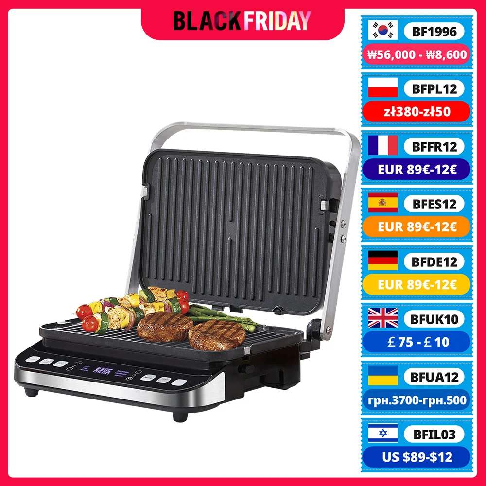 BioloMix 2000W 6-in-1 Electric Grills for Barbecue, Digital Griddle, Sandwich and Panini Press, Optional Waffle Maker Plates