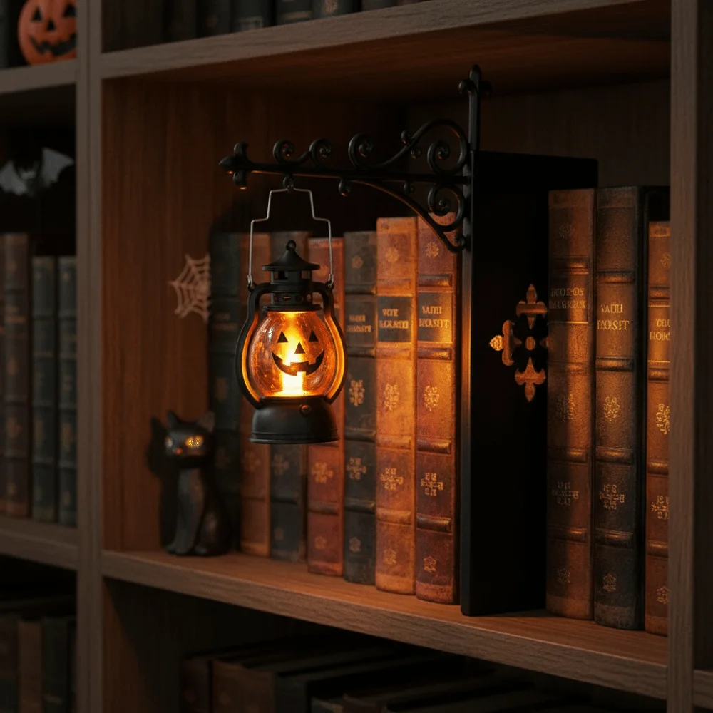 Wrought Iron Street Lamp Bookends Matte Black Hollow Out LED Glowing Lantern Button Cell Battery Powered Retro Style