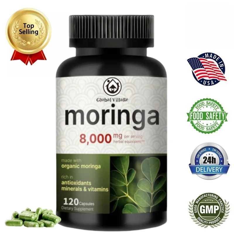 Cápsulas Moringa 8000 mg por porción, 120 cápsulas | |   Suministro de 4 meses, elaborado con polvo de Moringa orgánico | |   Superf verde