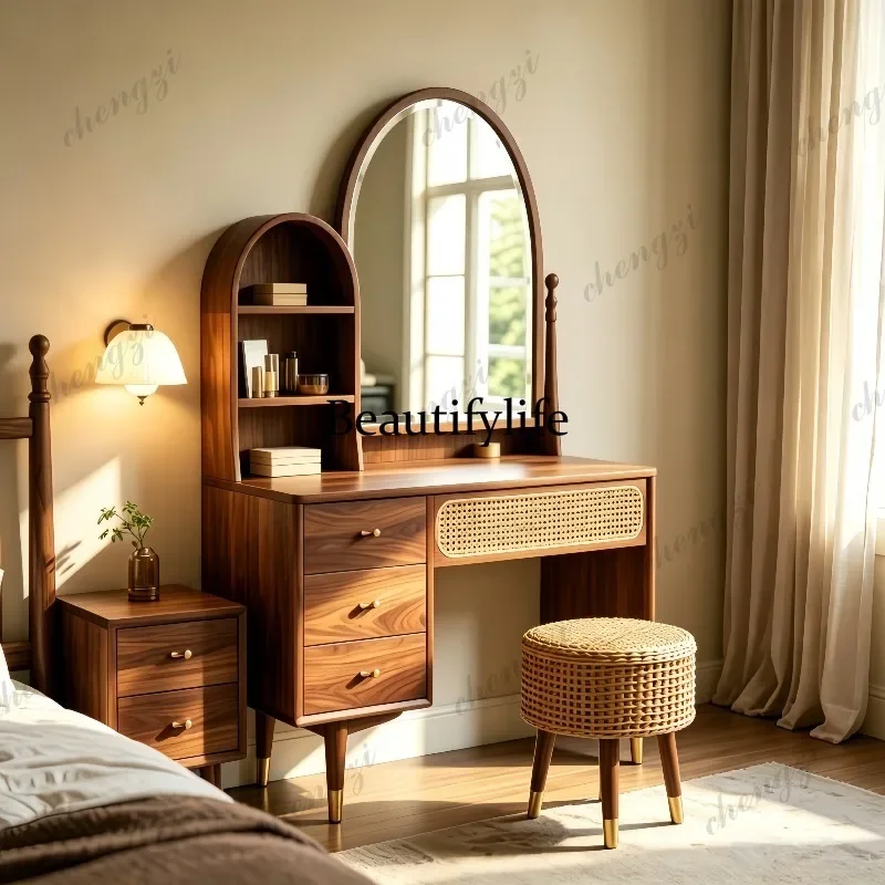 CC Retro solid wood dresser with mirror storage cabinet rattan makeup table ash wood bedroom furniture