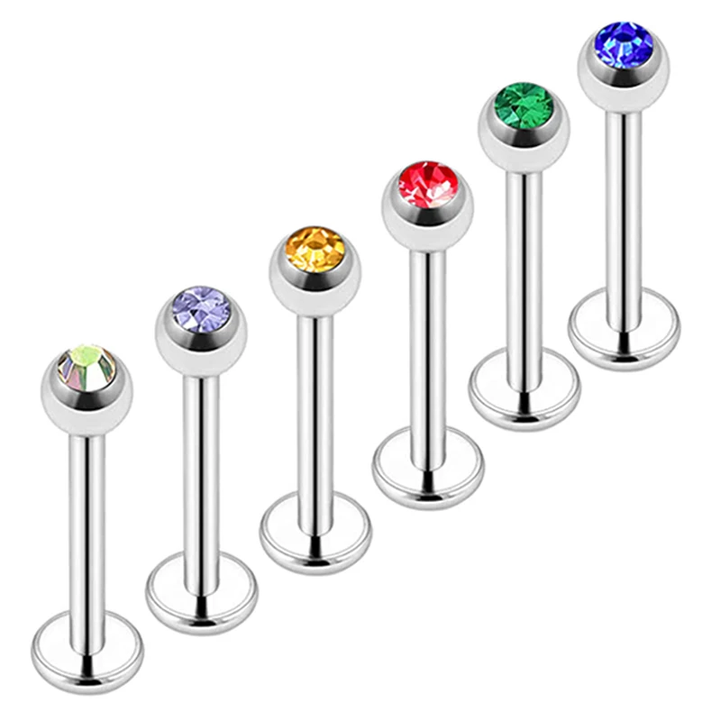 

12 color Mix wholesales Crystal Ball Lip earring Stud 1.2x6/8x3mm Stainless Steel Labret piercing Cartilage Tragus Pircing Body