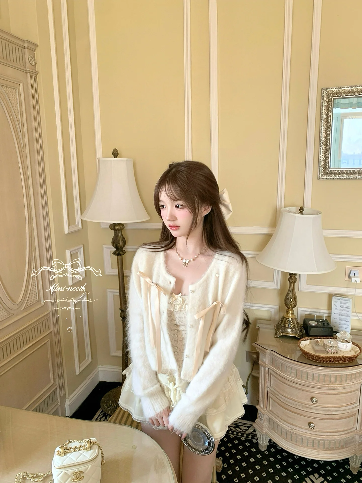 

Вязаный кардиган с жемчужным декором и узлами для девочек, стандартный крой, длинный рукав, зимняя верхняя одежда