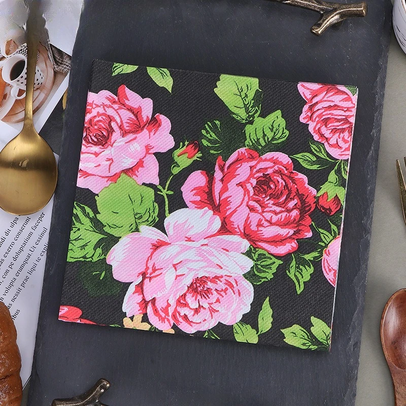 

10/20pcs 33cm 2Layer New Rose Peony Flower Pattern Napkins Party Creative Black Decoration Restaurant Paper Picnic Mat DIY Paper
