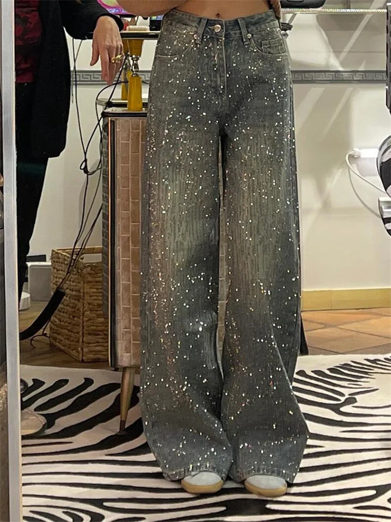 アメリカンレトロプラスサイズ星空ホットダイヤモンドスプライスジーンズ、子供向けスパイシーデザインのキラキラ輝くロングパンツ