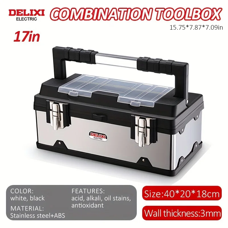 DELIXI ELECTRIC Tool Box 17in with Removable Tray with Stainless Steel Lock Secured, Small Parts Box