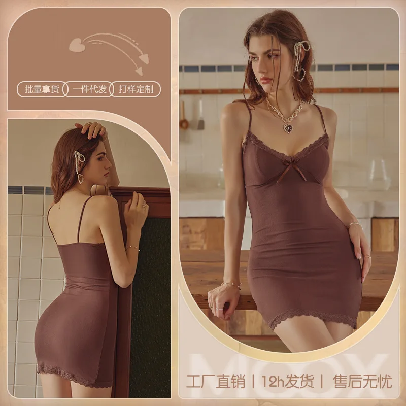 

Сексуальная кружевная ночная рубашка-бретелька для женщин, летнее чистое желание, легкая роскошь, облегающее облегающее платье, одежда для дома
