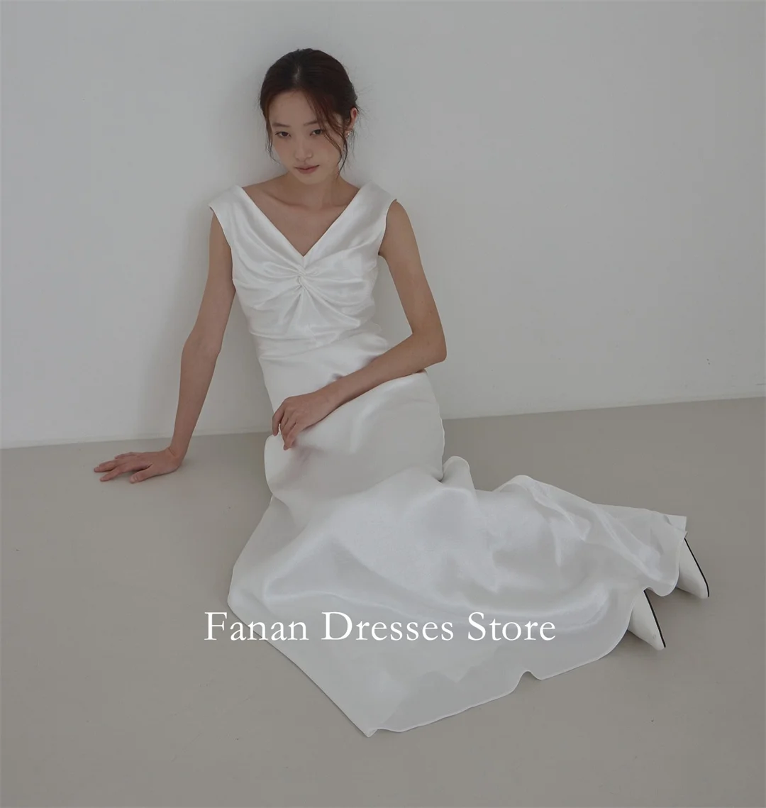 فانانان كوريا على شكل حرف a طول الأرض ورقبة على شكل حرف V فساتين العروس الحرير الساتان مشد غمد فساتين الزفاف سترس عاجي مخصص Pr #3