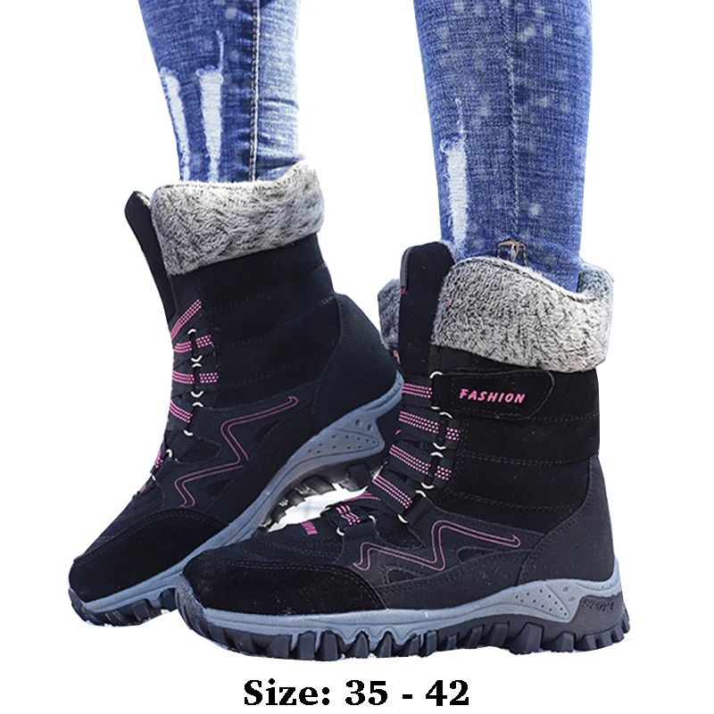 

High quality genuine leather snow boots for women new 2024 winter size 41 42 outdoor plush warm walking shoe black grey red