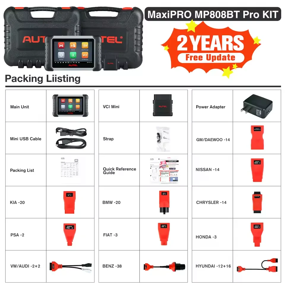 Autel MaxiPRO MP808BT Pro Kit OBD2 Scanner Auto Diagnose Gereedschap 2 Jaar Update Met 11 OBD Adapters, ECU Codering Werkt als MaxiSYS MS906 PRO MS906 MAX MP900BT, Vervangt MaxiCOM MK900BT MK900,